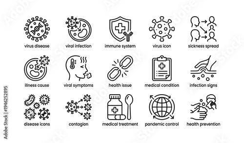 Virus and health icons: sickness, immune system, medical conditions, prevention, spread