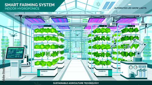 Smart indoor hydroponics system for sustainable agriculture, featuring vertical farming, automated LED lighting, and advanced cultivation technology