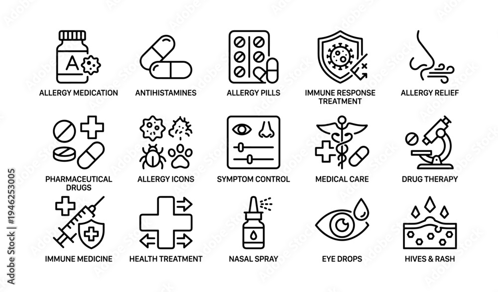 Fototapeta premium Allergy medication and treatment symbols illustrating relief and symptom control