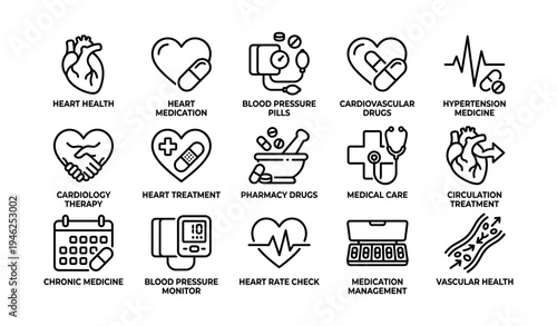 Heart health and medication icons: cardiovascular, hypertension, pharmacy, monitoring, care