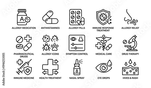 Allergy medication and treatment symbols illustrating relief and symptom control