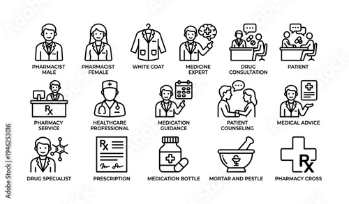 Pharmacy icons: pharmacists, medicines, consultations, and healthcare symbols