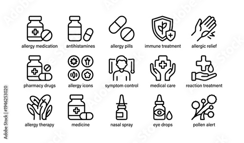 Allergy medication and treatment icons for relief and symptom management
