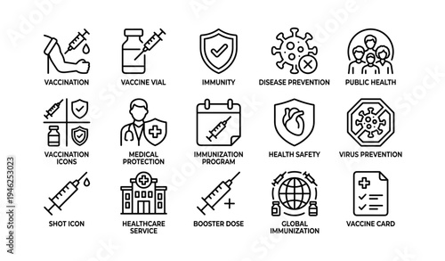 Vaccination and healthcare icons set for immunization and public health awareness
