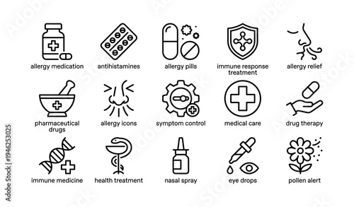 Medical icons of allergy relief and treatment methods