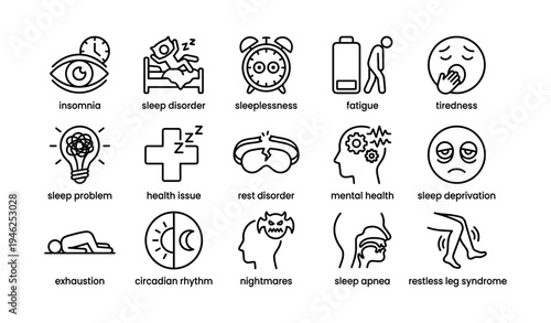 Icons depicting sleep disorders and related issues
