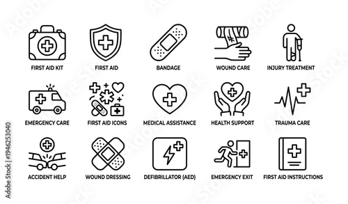 Essential first aid icons: medical assistance and emergency care symbols