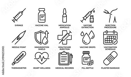 Medical icons: healthcare equipment, immunization, vaccine, injection, wellness