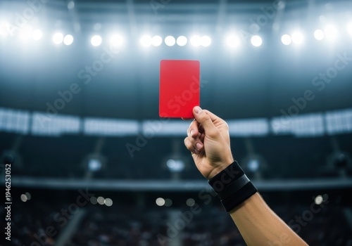 Referee showing red card in a soccer stadium