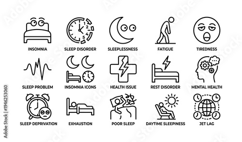 Insomnia and sleep disorders icons: fatigue, health, and mental effects