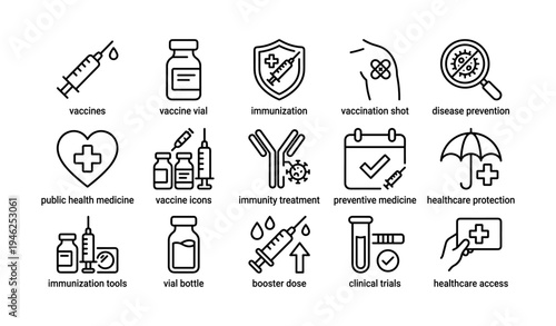 Immunization tools and healthcare icons for disease prevention and vaccine access