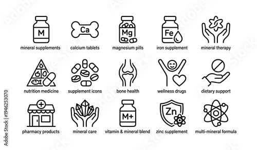 Mineral supplements and wellness icons: calcium, magnesium, iron, zinc, multivitamin
