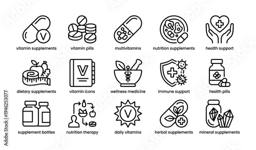 Health and wellness icons: vitamins, supplements, and nutrition support