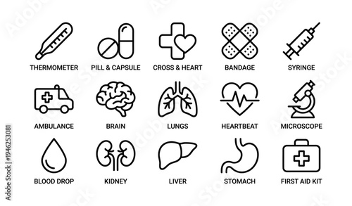 Medical icons: thermometer, pills, heart, bandage, syringe, and more