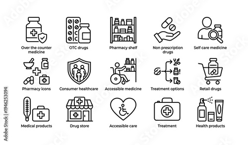 Pharmacy icons: over the counter medicine and healthcare symbols