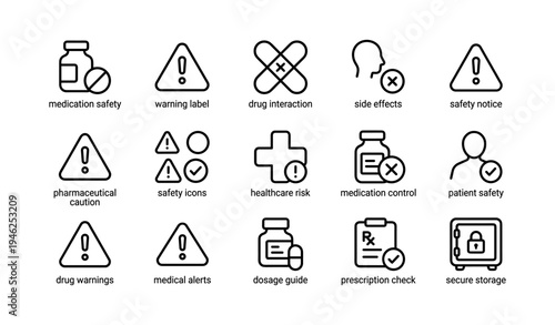 Medication safety and healthcare warning icons for prescription management