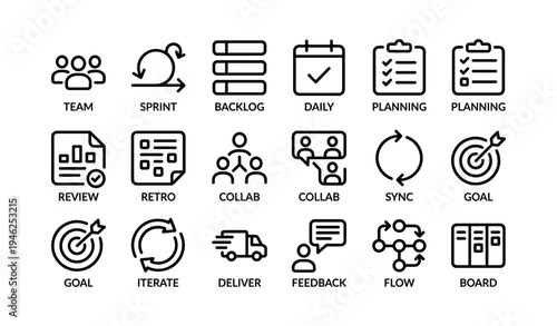 Agile project management icons: sprint, backlog, daily, planning, review, collaboration
