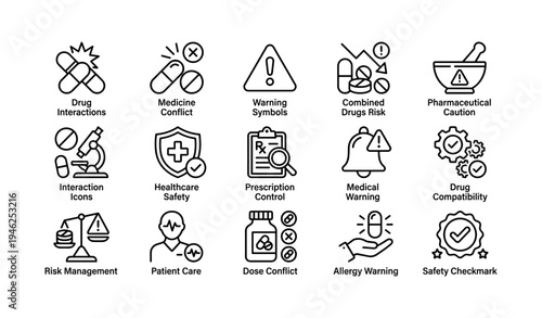 Healthcare safety and drug interaction icons with warning symbols