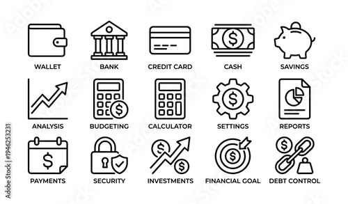 Financial icons set: wallet, bank, credit card, savings, investments