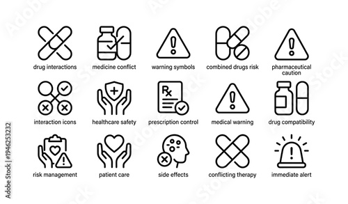 Medical warning symbols: drug interaction and healthcare safety icons