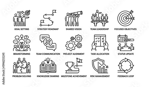 Icons illustrating teamwork strategies and effective project management techniques