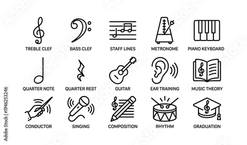 Music symbols and education icons: clefs, instruments, and composition tools