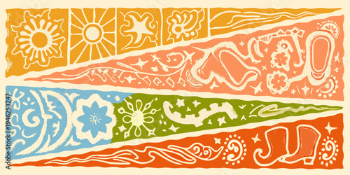 Colorful retro style horizontal bands featuring floral and geometric designs