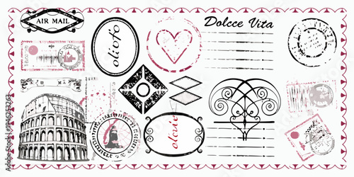 Vintage postcard collage featuring italian motifs and postage stamps