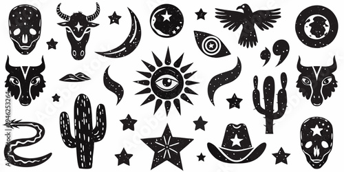 Collection of southwestern and tribal inspired black and white icons