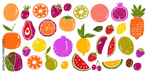 Colorful hand drawn illustration of various fruits arranged on a white background