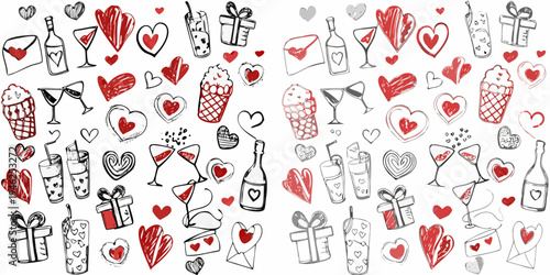 Doodle collection of romantic symbols hearts gifts drinks and sweets