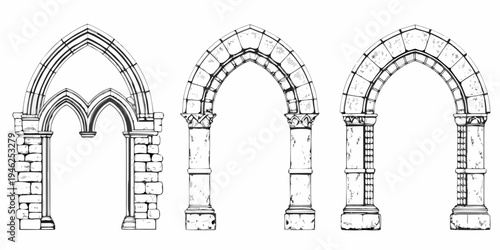 Detailed sketches of three gothic arches with varying stonework designs