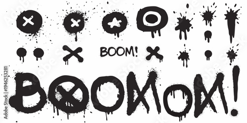 Black spray paint elements including stars crosses and the word boom