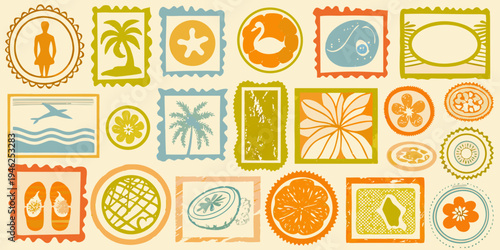 Collection of vintage style illustrated postage stamps with various motifs