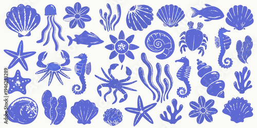 Blue monochrome illustration of various marine life and seashells