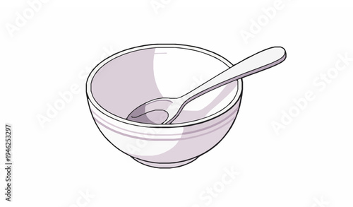 Minimal ceramic bowl with spoon flat vector illustration isolated on white background kitchen utensil concept