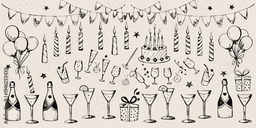 A festive sketch depicting birthday elements cake balloons and champagne