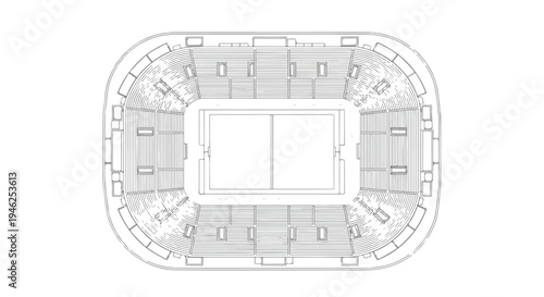 Overhead view of a detailed architectural plan with a central rectangular space surrounded by symmetrical seating areas in shades of gray on a white background.
