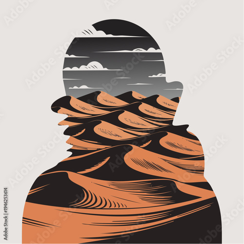 stylized illustration of desert landscape with dunes and cloudy sky