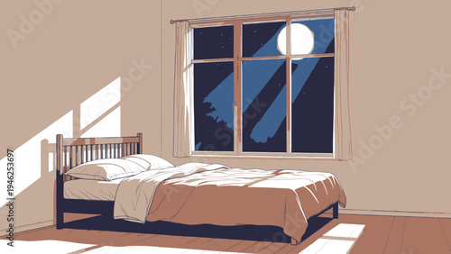 Moonlight Through Window in Bedroom vector illustration