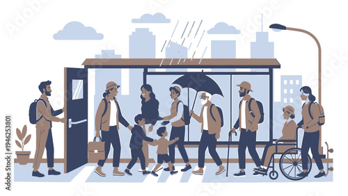 People at Bus Stop in the Rain Vector vector illustration