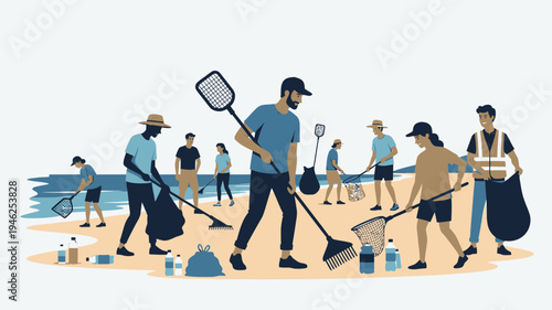 Group of Volunteers Cleaning Up the Beach vector illustration