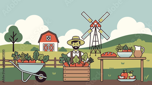 Farmer with Fresh Produce on a Farm vector illustration