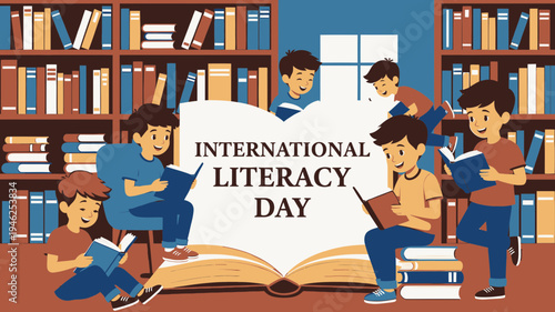 International Literacy Day Illustration with Kids Reading Books vector illustration