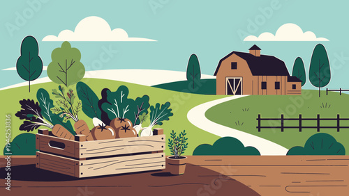 Farm Fresh Produce in Crate Near Barn vector illustration