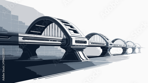 Futuristic Monorail Bridge in Monochrome vector illustration