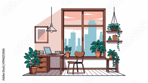 Home Office with City View and Indoor Plants vector illustration