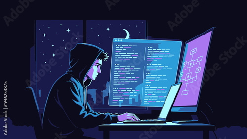 Hacker Coding at Night in a Hooded Sweatshirt vector illustration