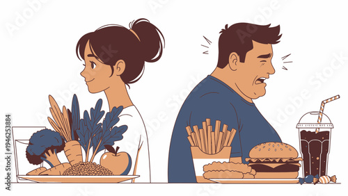 Healthy Eating vs. Unhealthy Eating Illustration vector illustration
