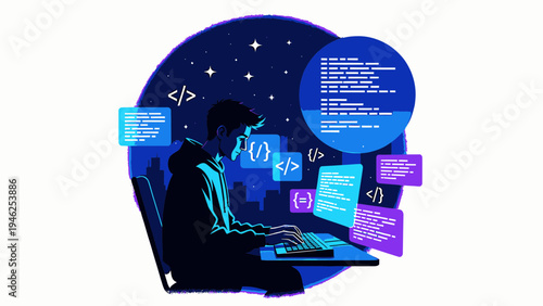 Coder Silhouette Working Late With Floating Code Snippets vector illustration